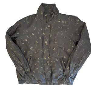Vintage Silk Bomber Jacket - Charcoal Leaf Print - M- 1990s